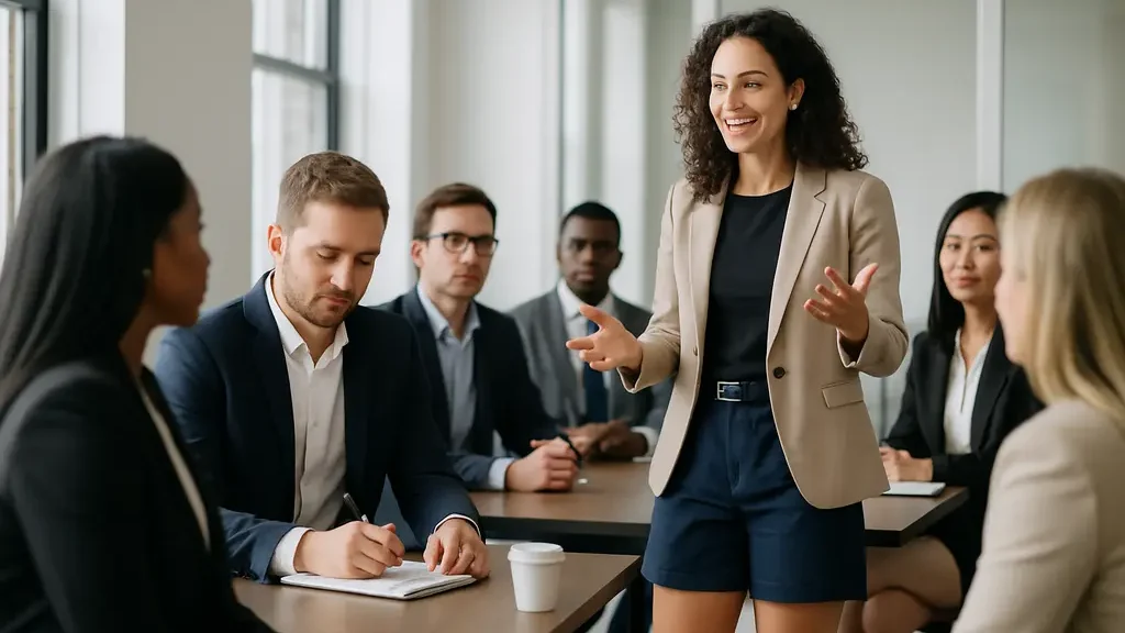 workplace shorts styled with a blazer and loafers in a modern office